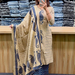 Women's Beige Paisley Printed Kurta Set with Dupatta
