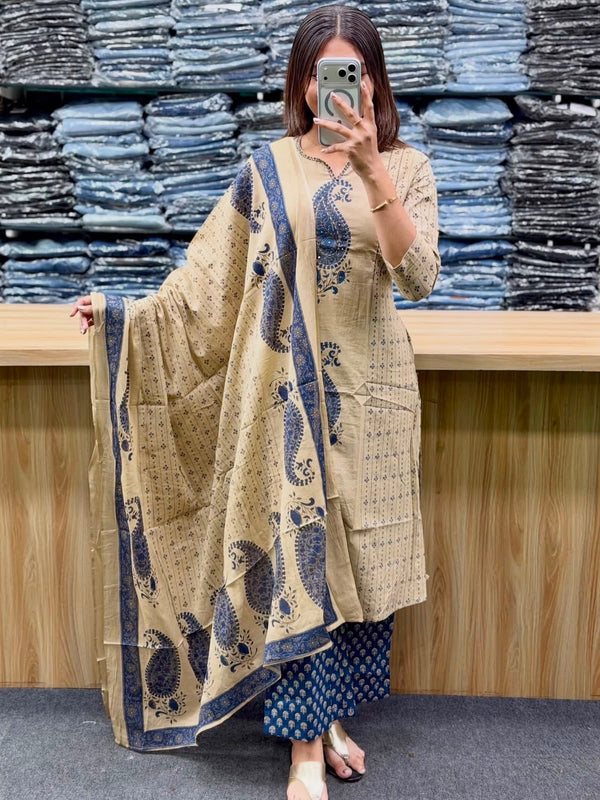 Women's Beige Paisley Printed Kurta Set with Dupatta