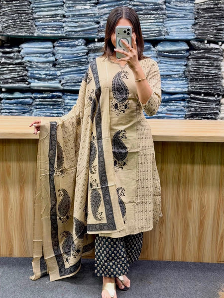 Women's Beige Paisley Printed Kurta Set with Dupatta