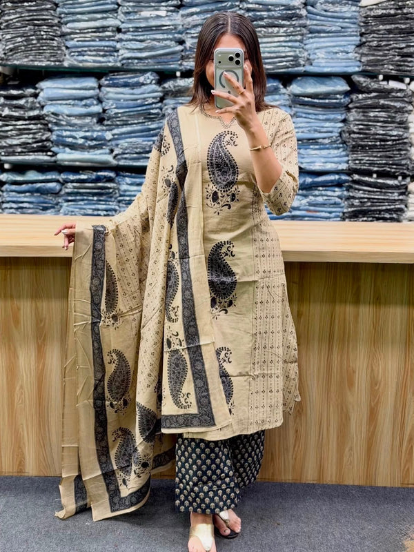 Women's Beige Paisley Printed Kurta Set with Dupatta