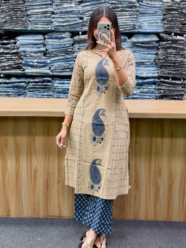 Women's Beige Paisley Printed Kurta Set with Dupatta