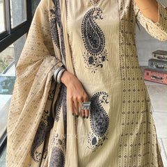 Women's Beige Paisley Printed Kurta Set with Dupatta
