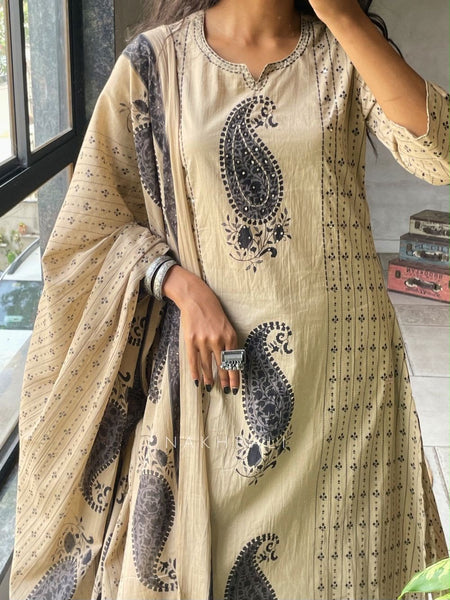 Women's Beige Paisley Printed Kurta Set with Dupatta