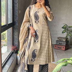 Women's Beige Paisley Printed Kurta Set with Dupatta