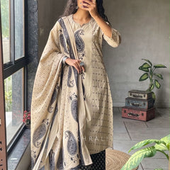 Women's Beige Paisley Printed Kurta Set with Dupatta