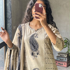 Women's Beige Paisley Printed Kurta Set with Dupatta