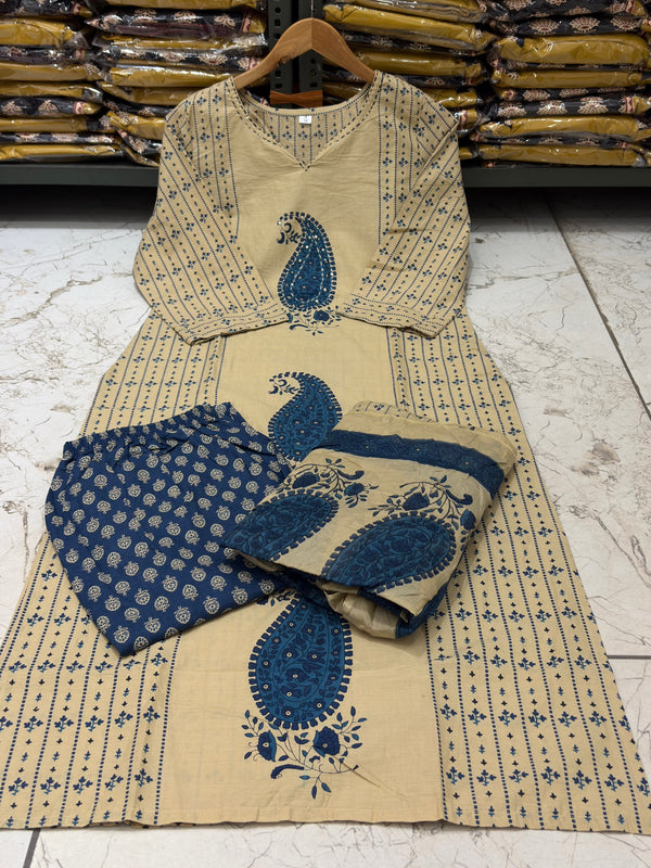 Women's Beige Paisley Printed Kurta Set with Dupatta