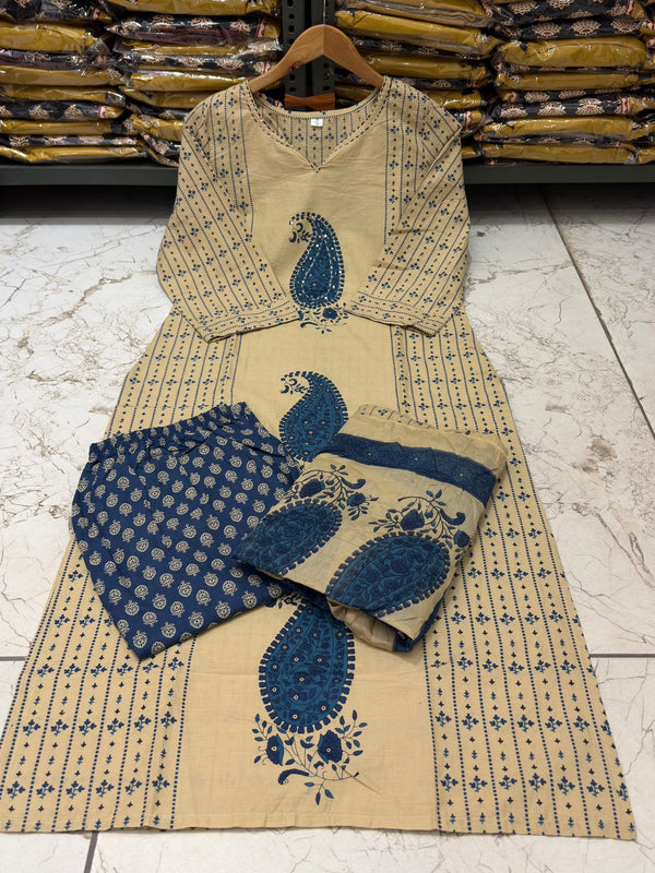 Women's Beige Paisley Printed Kurta Set with Dupatta