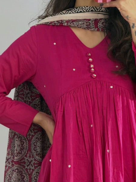 Women's Fuchsia Pink Anarkali Kurta Set with Printed Dupatta