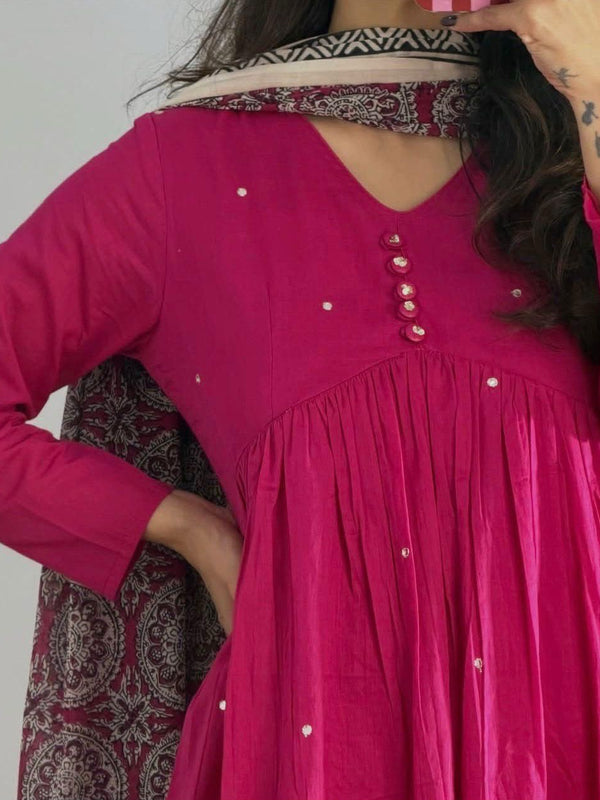 Women's Fuchsia Pink Anarkali Kurta Set with Printed Dupatta