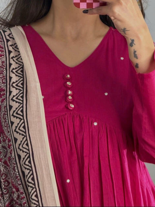 Women's Fuchsia Pink Anarkali Kurta Set with Printed Dupatta