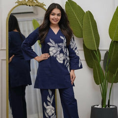 Women's Navy Blue Floral Embroidered Co-ord Set with Pants