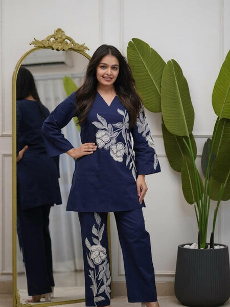 Women's Navy Blue Floral Embroidered Co-ord Set with Pants