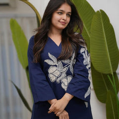Women's Navy Blue Floral Embroidered Co-ord Set with Pants