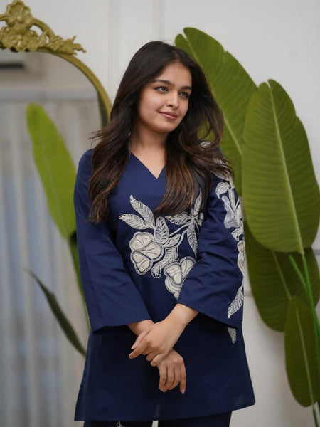 Women's Navy Blue Floral Embroidered Co-ord Set with Pants