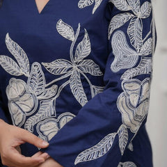 Women's Navy Blue Floral Embroidered Co-ord Set with Pants