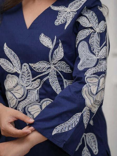 Women's Navy Blue Floral Embroidered Co-ord Set with Pants