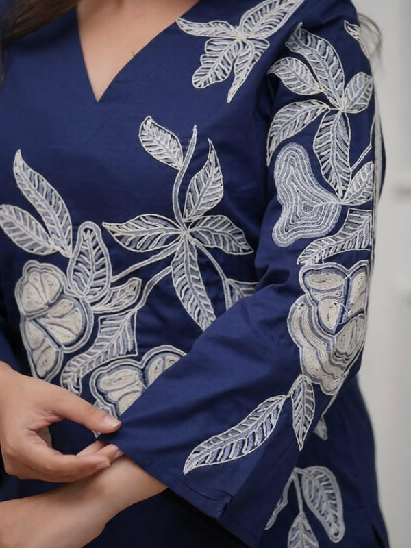 Women's Navy Blue Floral Embroidered Co-ord Set with Pants
