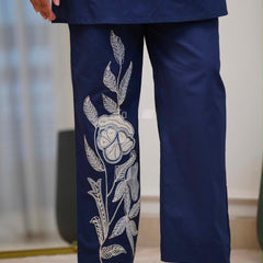 Women's Navy Blue Floral Embroidered Co-ord Set with Pants