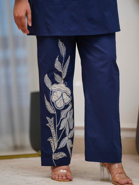 Women's Navy Blue Floral Embroidered Co-ord Set with Pants