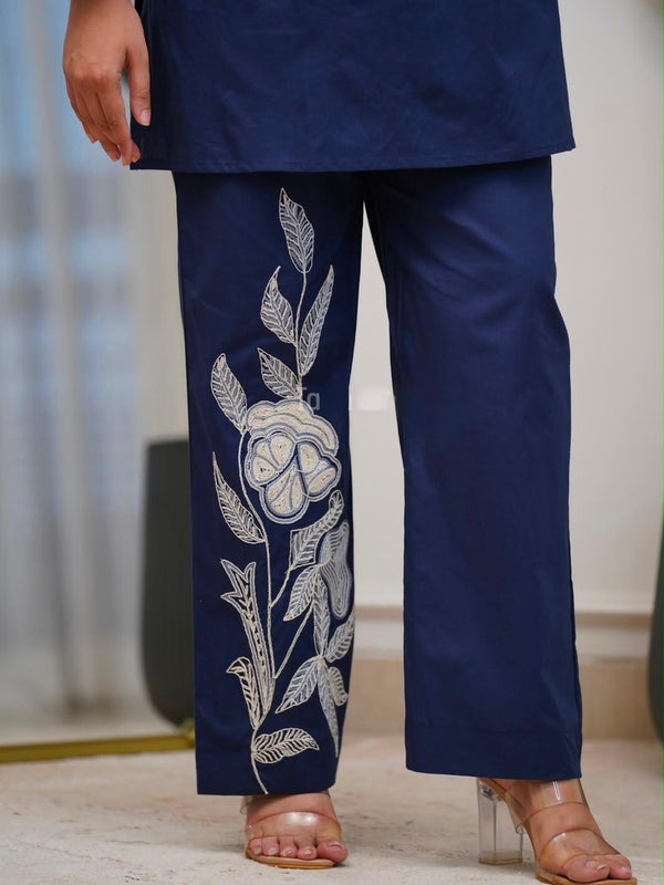 Women's Navy Blue Floral Embroidered Co-ord Set with Pants