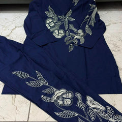 Women's Navy Blue Floral Embroidered Co-ord Set with Pants
