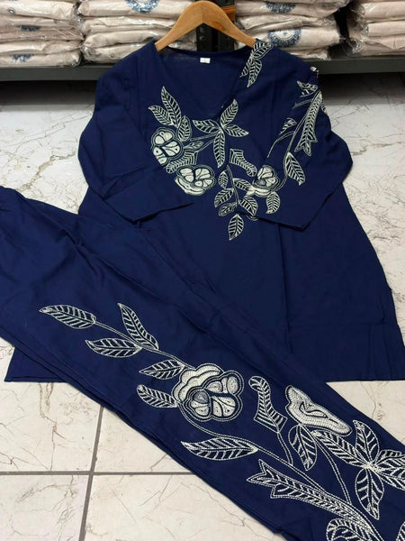 Women's Navy Blue Floral Embroidered Co-ord Set with Pants