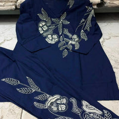 Women's Navy Blue Floral Embroidered Co-ord Set with Pants