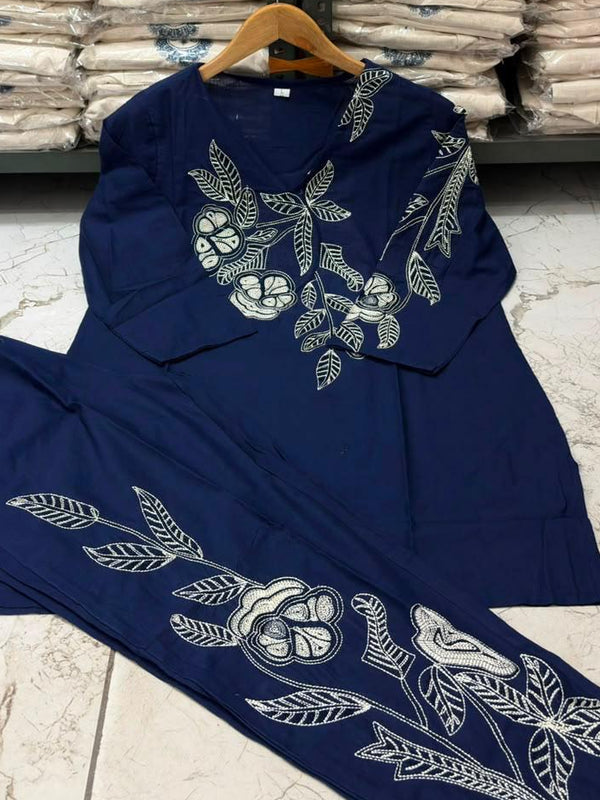 Women's Navy Blue Floral Embroidered Co-ord Set with Pants