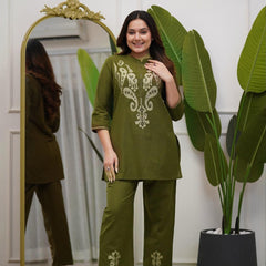 Women's Olive Green Embroidered Co-ord Set with Straight Pants