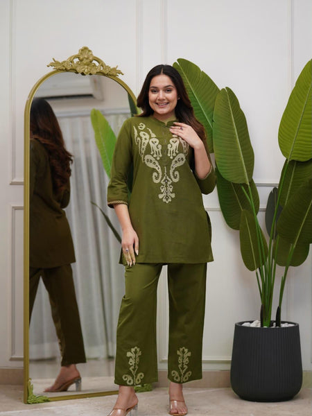 Women's Olive Green Embroidered Co-ord Set with Straight Pants