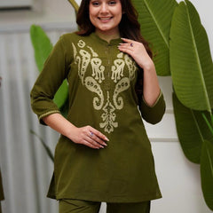 Women's Olive Green Embroidered Co-ord Set with Straight Pants