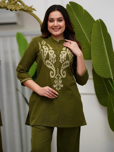 Women's Olive Green Embroidered Co-ord Set with Straight Pants