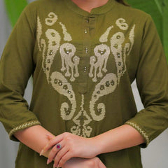 Women's Olive Green Embroidered Co-ord Set with Straight Pants
