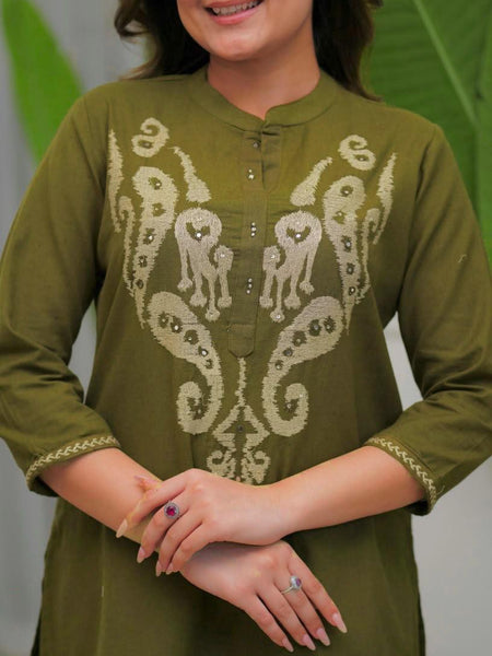 Women's Olive Green Embroidered Co-ord Set with Straight Pants