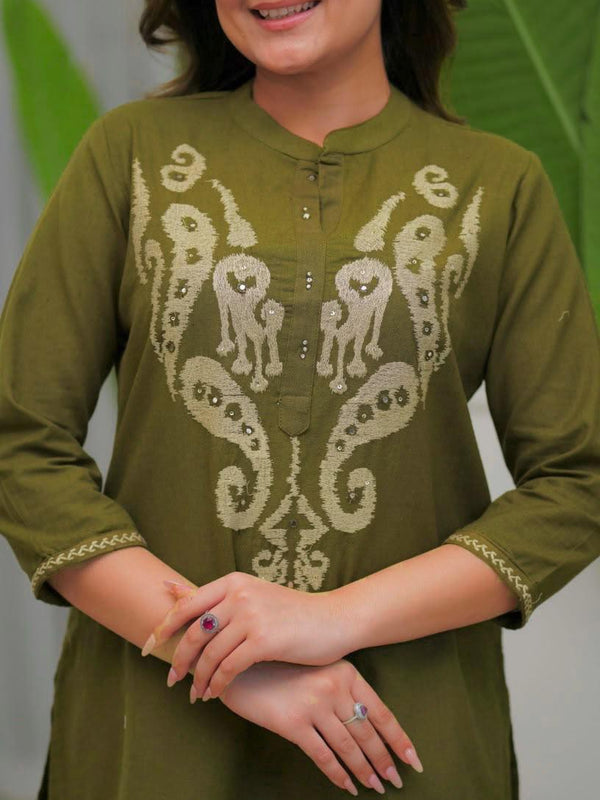 Women's Olive Green Embroidered Co-ord Set with Straight Pants