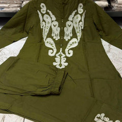 Women's Olive Green Embroidered Co-ord Set with Straight Pants