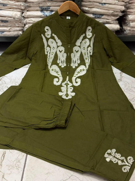 Women's Olive Green Embroidered Co-ord Set with Straight Pants