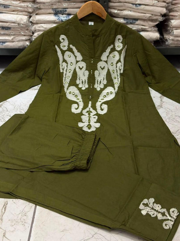 Women's Olive Green Embroidered Co-ord Set with Straight Pants