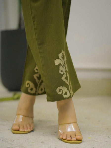 Women's Olive Green Embroidered Co-ord Set with Straight Pants