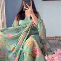 Peacock Floral Printed Straight Kurta Set with Dupatta