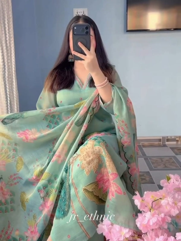 Peacock Floral Printed Straight Kurta Set with Dupatta