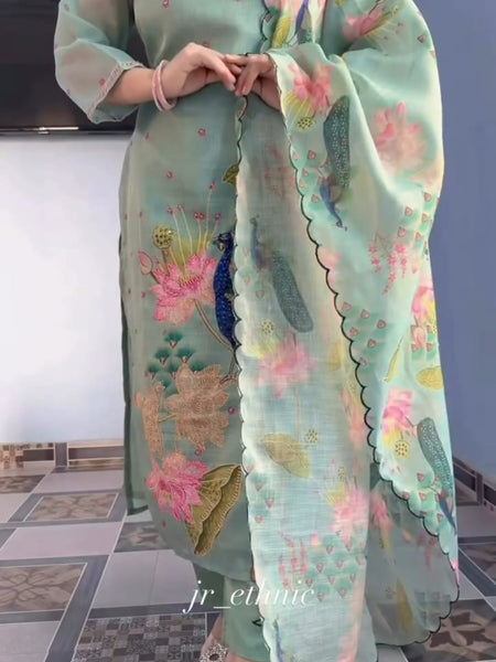 Peacock Floral Printed Straight Kurta Set with Dupatta