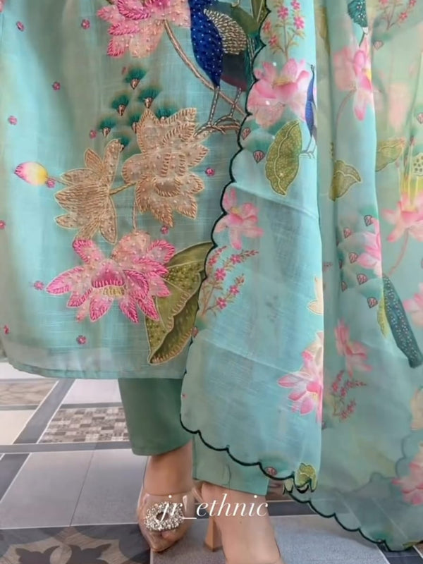 Peacock Floral Printed Straight Kurta Set with Dupatta