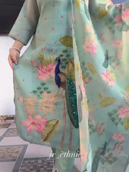Peacock Floral Printed Straight Kurta Set with Dupatta