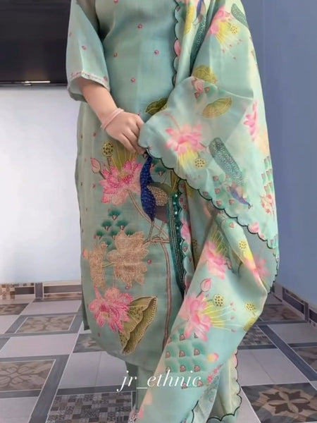 Peacock Floral Printed Straight Kurta Set with Dupatta