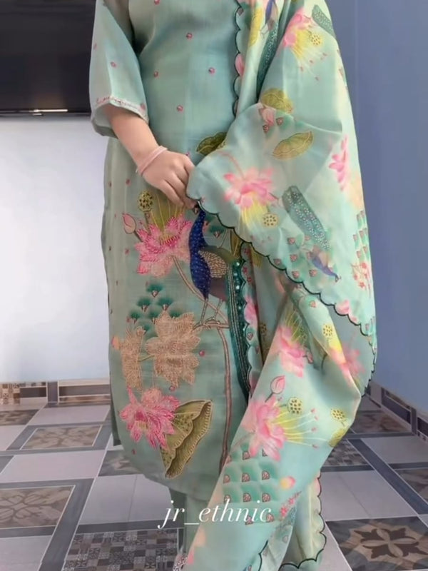 Peacock Floral Printed Straight Kurta Set with Dupatta