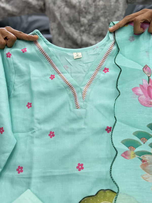 Peacock Floral Printed Straight Kurta Set with Dupatta