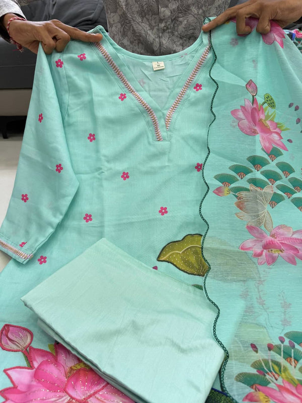 Peacock Floral Printed Straight Kurta Set with Dupatta