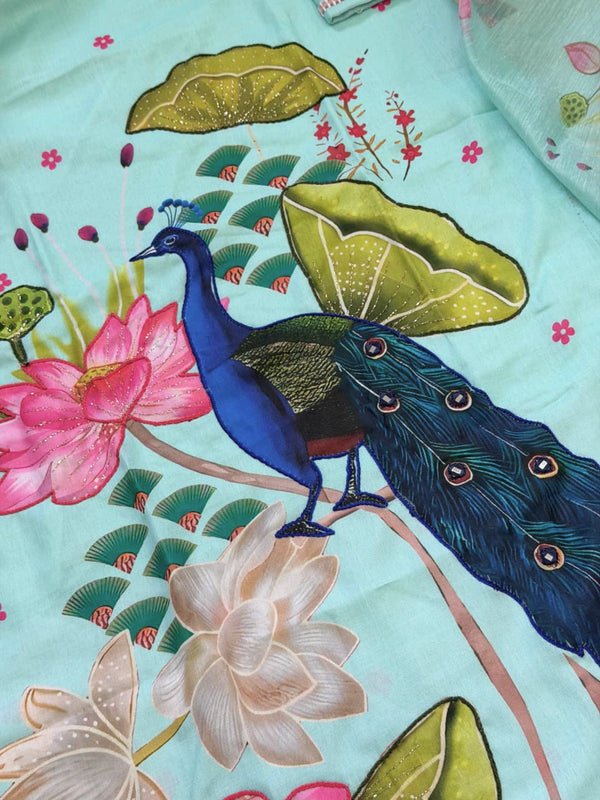 Peacock Floral Printed Straight Kurta Set with Dupatta